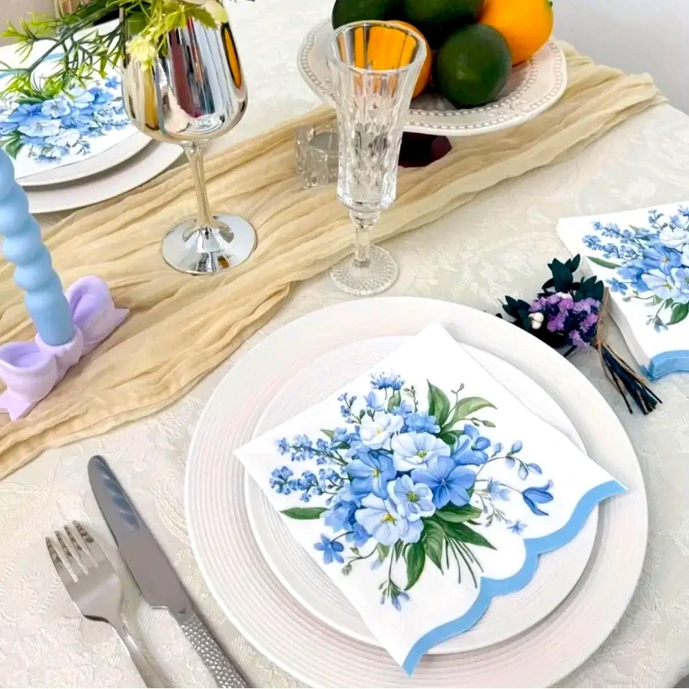 Floral Blue and White Bouquet Decorative Die Cut Napkin, 20ct